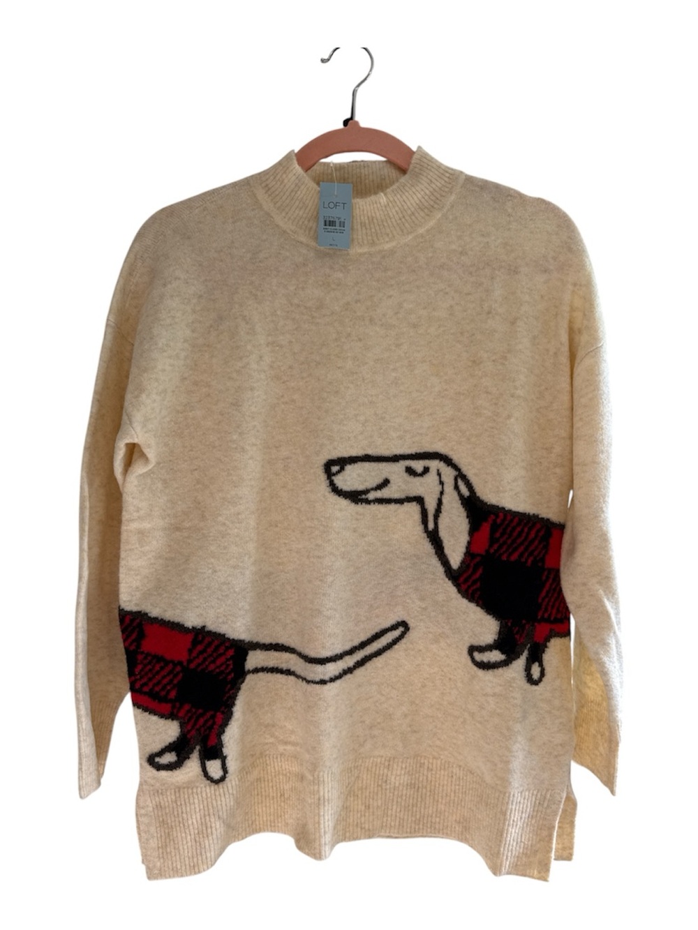 LOFT Cream Pullover with Red & Black Plaid Dachshunds L Petite